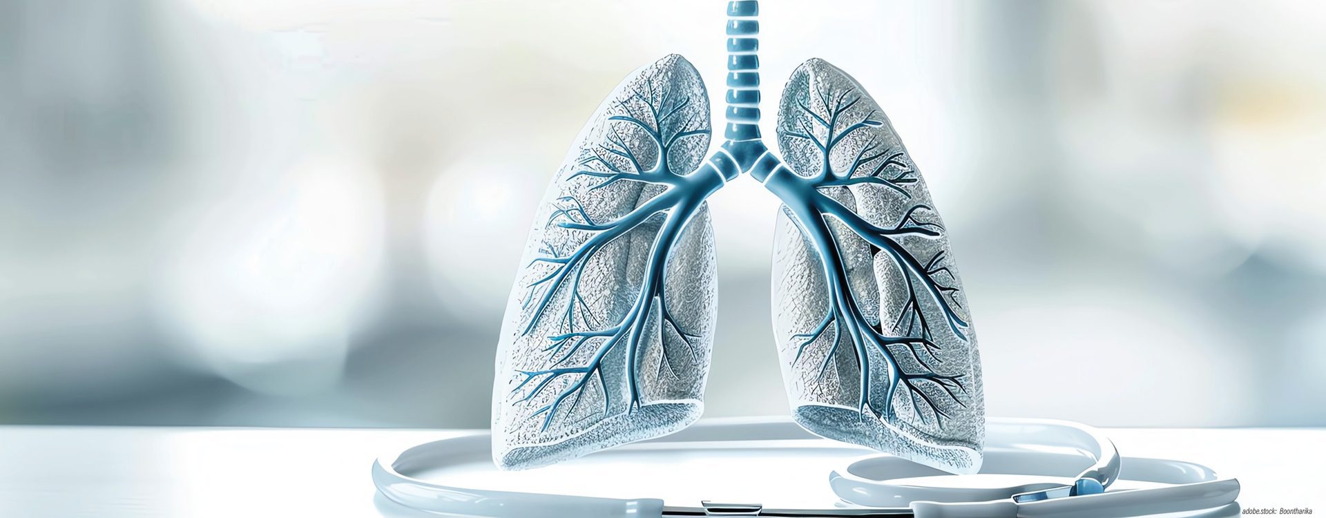 Modell-Visualisierung der menschlichen Lunge und der Lungengfäße schwebt über einem auf einem Tisch liegenden Stethoskop