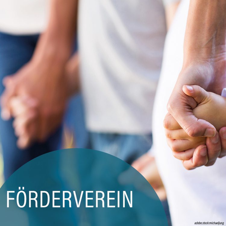 Menschenkette handhaltend, blaugrauer Kreis mit der Aufschrift Förderverein