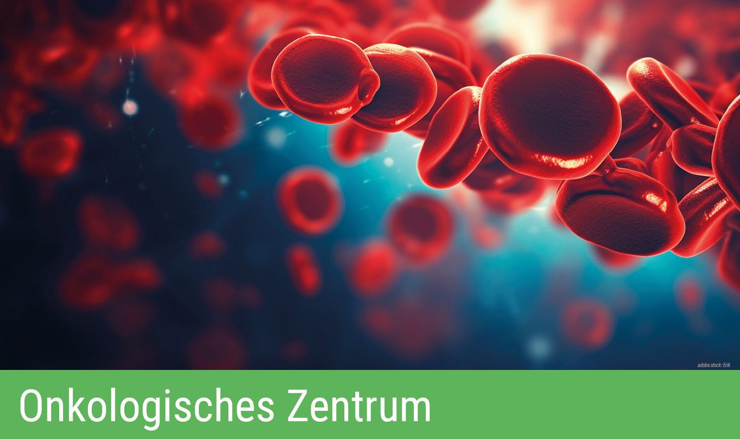Zahlreiche schwebende stilisierte rote Blutkörperchen auf blauem Untergrund. Grüner Balken am unteren Bildrand mit Aufschrift Onkologisches Zentrum.
