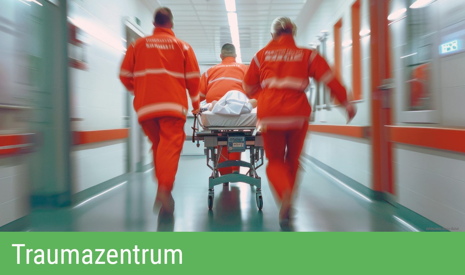 Drei Rettungskräfte in orangefarbener Arbeitskleidung schieben eilig eine Trage mit einer liegenden Person einen Krankenhausflur entlang. Grüner Balken am unteren Bildrand mit Aufschrift Traumazentrum.