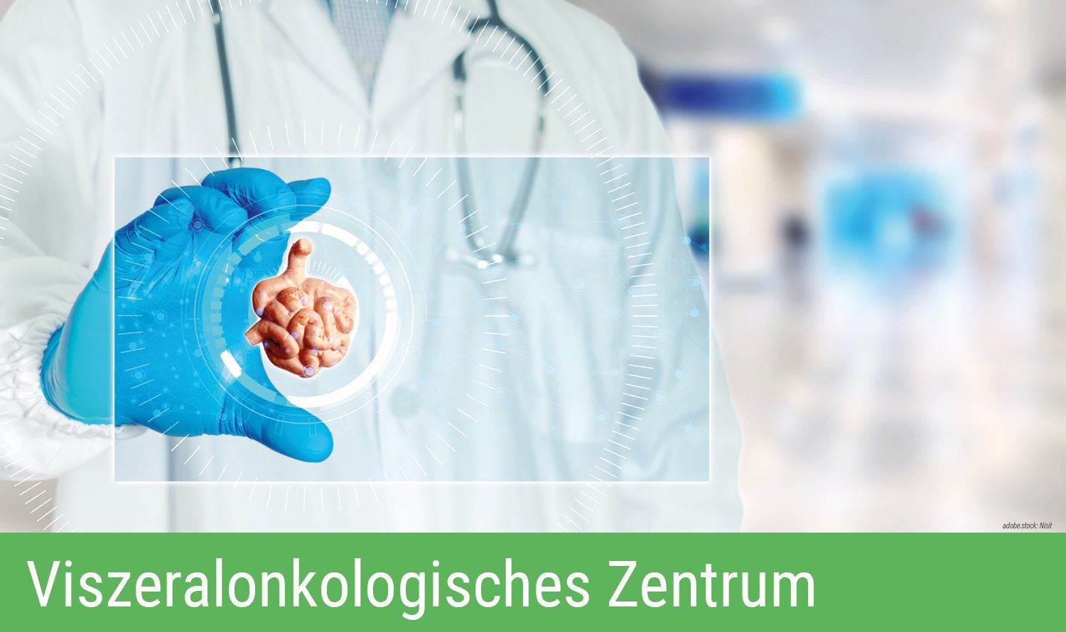 Person in Krankenhausarbeitskleidung zeigt mit der rechten Hand ein Hologram des menschlichen Darms. Grüner Balken am unteren Bildrand mit Aufschrift Viszeralonkologisches Zentrum.