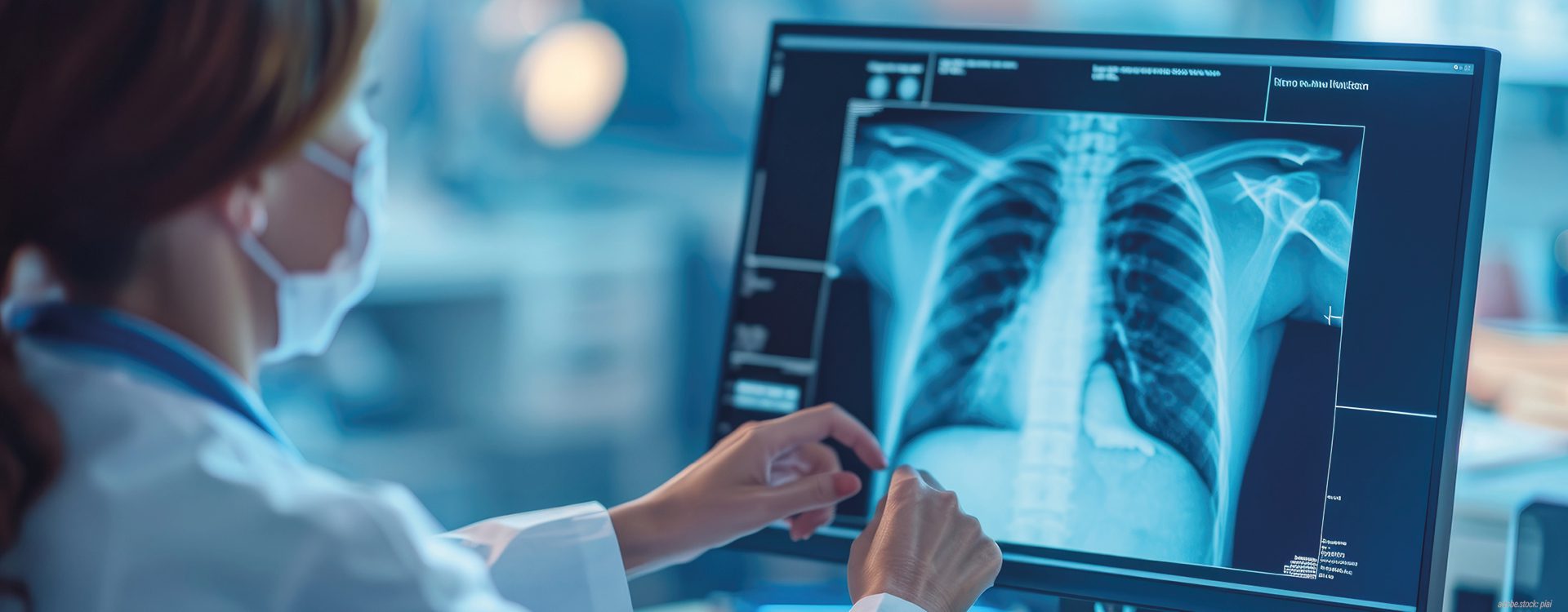 weibliche Person in weißer Krankenhausarbeitskleidung betrachtet ein Röntgenbild der mesnschlichen Lunge am Monitor