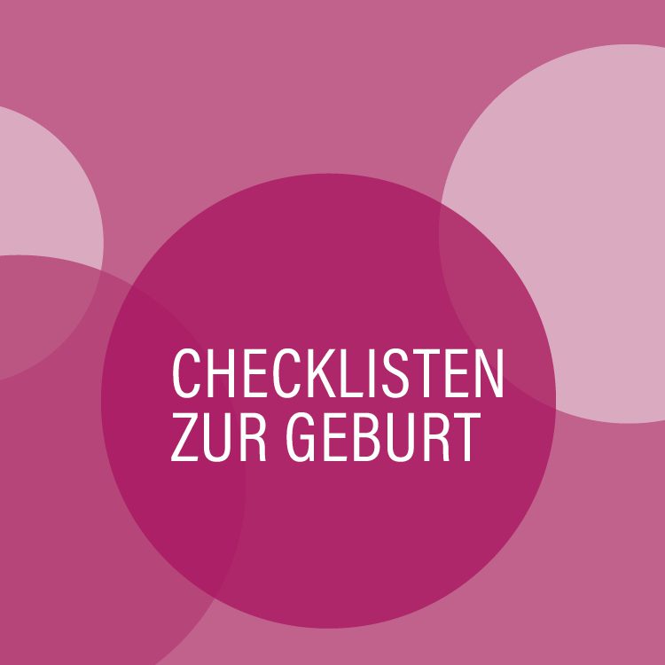 brombeerfarbene Kreise mit der Aufschrift Checklisten zur Geburt