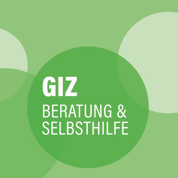Hellgrüne Kreise. Ein Kreis mit der Aufschrift GIZ, Beratung und Selbsthilfe.