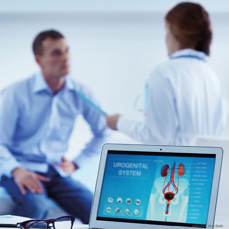unscharf abgebildeter Mann sitzt auf einer Praxisliege, seine Ärztin oder Arzt erklärt ihm etwas, im Vordergrund ein aufgeklappter Laptop, der Bildschirm zeigt den männlichen Harntrakt